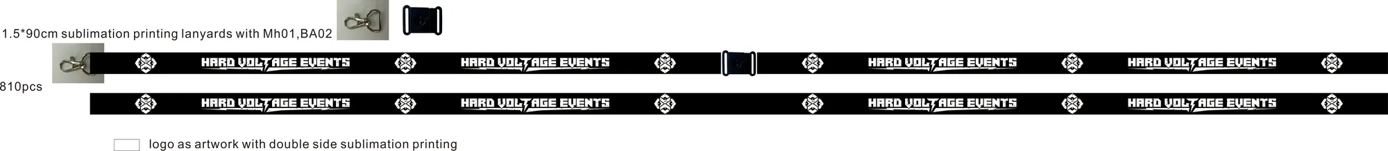 Manufacturer's print proof sheet for the lanyard run: artwork repeated with hardware codes and sublimation printing notes