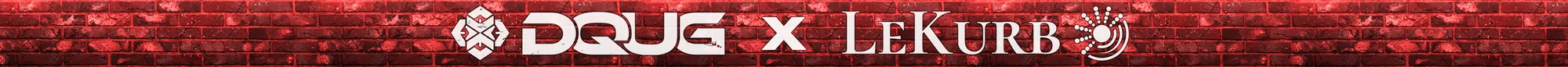 DQUG x LeKurb wristband: the DQUG event mark and LeKurb's logo in white over a red brick wall