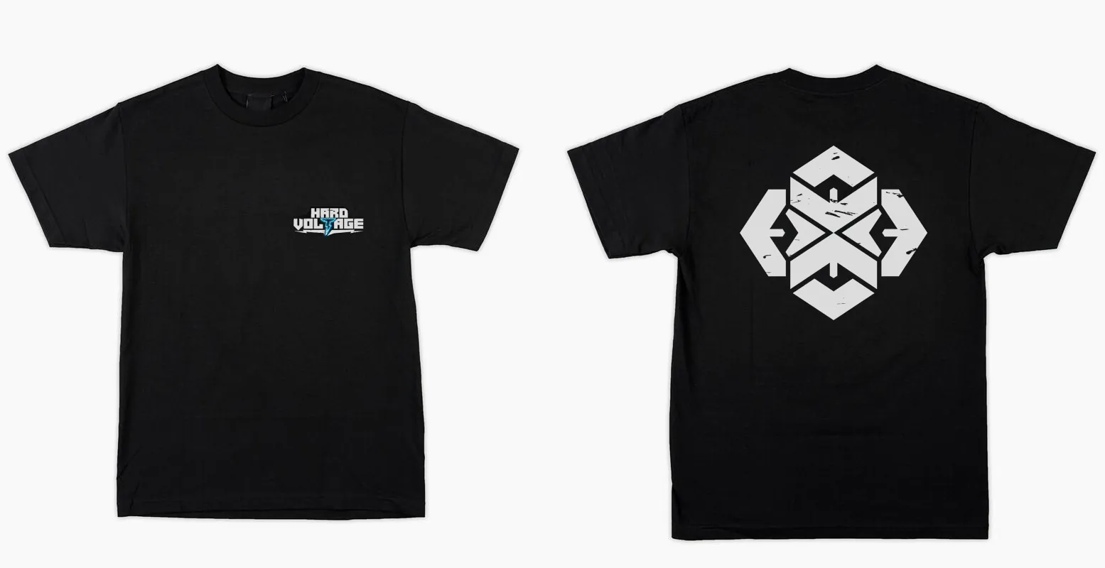T-shirt design mockup: black shirt with a small chest logotype on the front and the large collective mark across the back